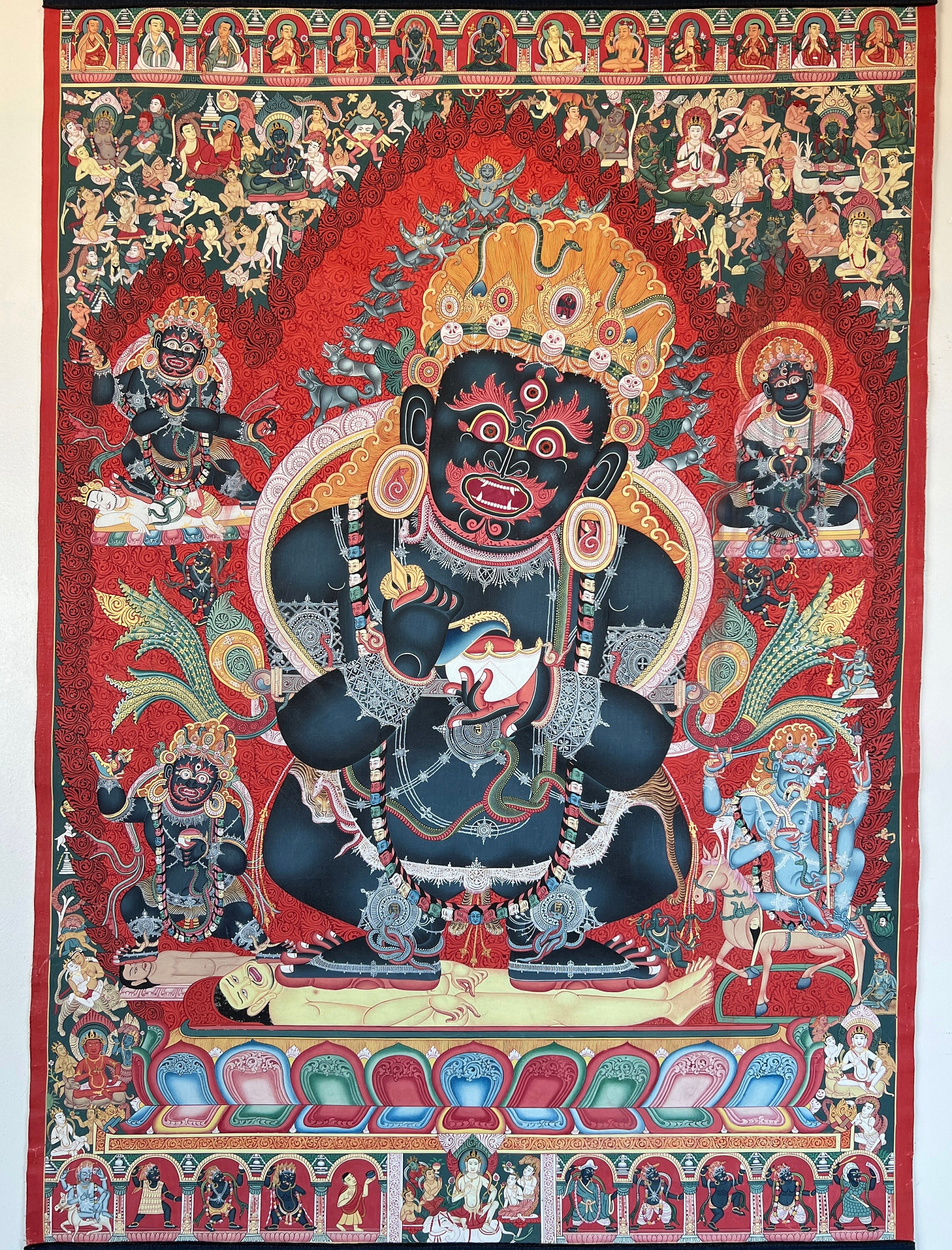 ヴィンテージ マハーカーラ タンカ：チベット仏教守護神絵画（58 x 83