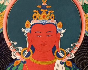 阿弥陀如来長寿タンカ – ヴィンテージチベット仏教絵画、24Kゴールド