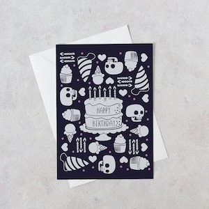 Gruselige Grußkarte mit Totenkopf und Süßigkeiten zum Geburtstag, innen blanko