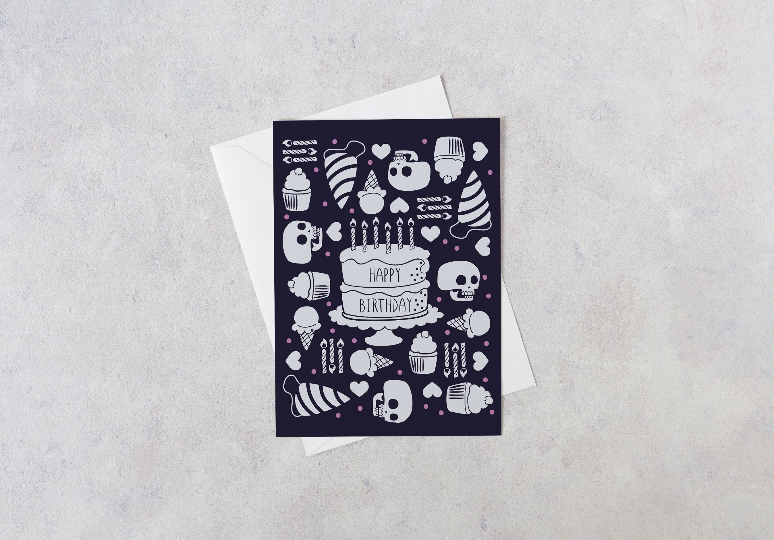 Spooky Skull and Sweets Birthday Greeting Card, Blank Inside
