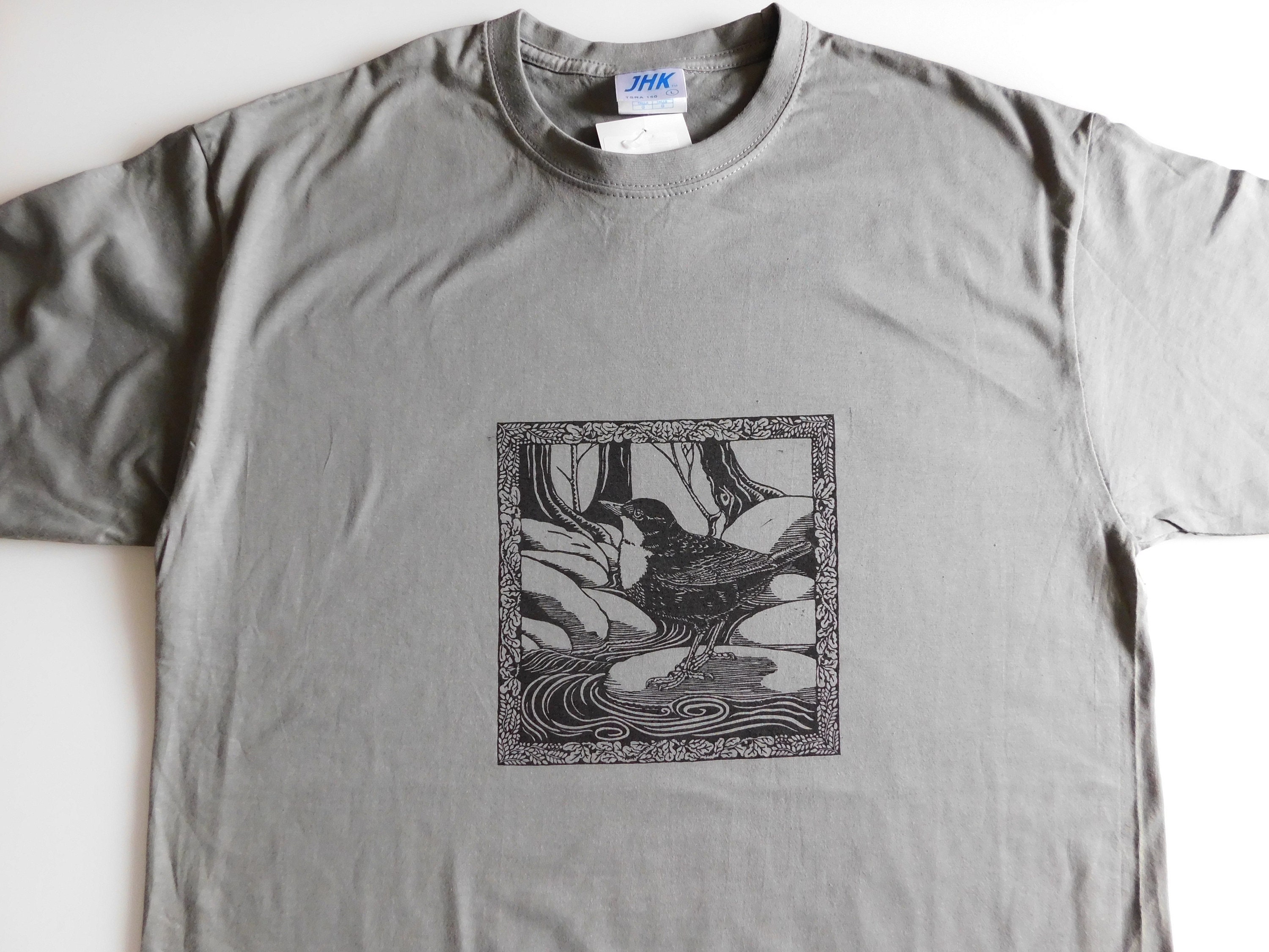 Dipper bird linocut print dark gray graphic t-shirt | Etsy