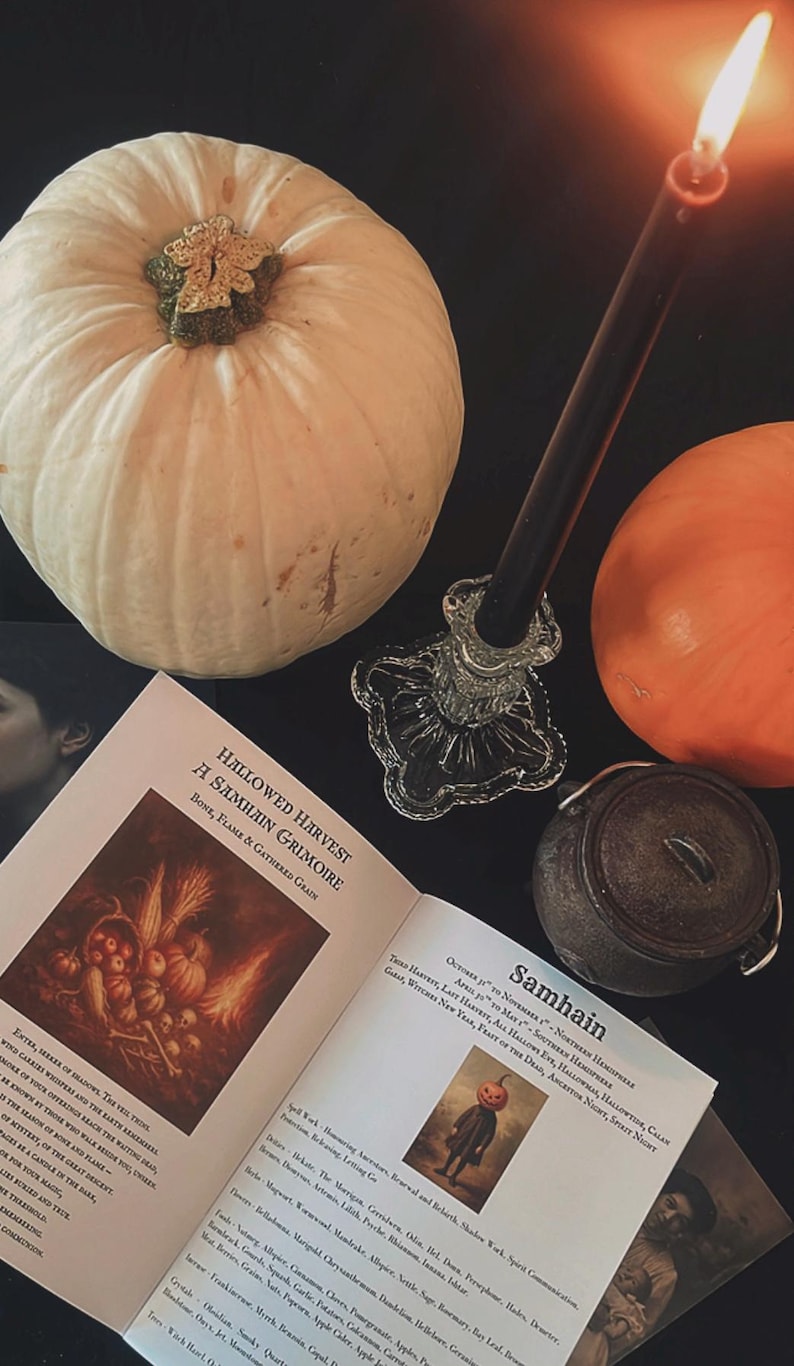 May include: A still life arrangement featuring a white pumpkin, an orange pumpkin, and a black candle in a glass holder. An open book with the title "Hallowed Harvest" and a small cauldron are also present. The theme is related to Halloween.