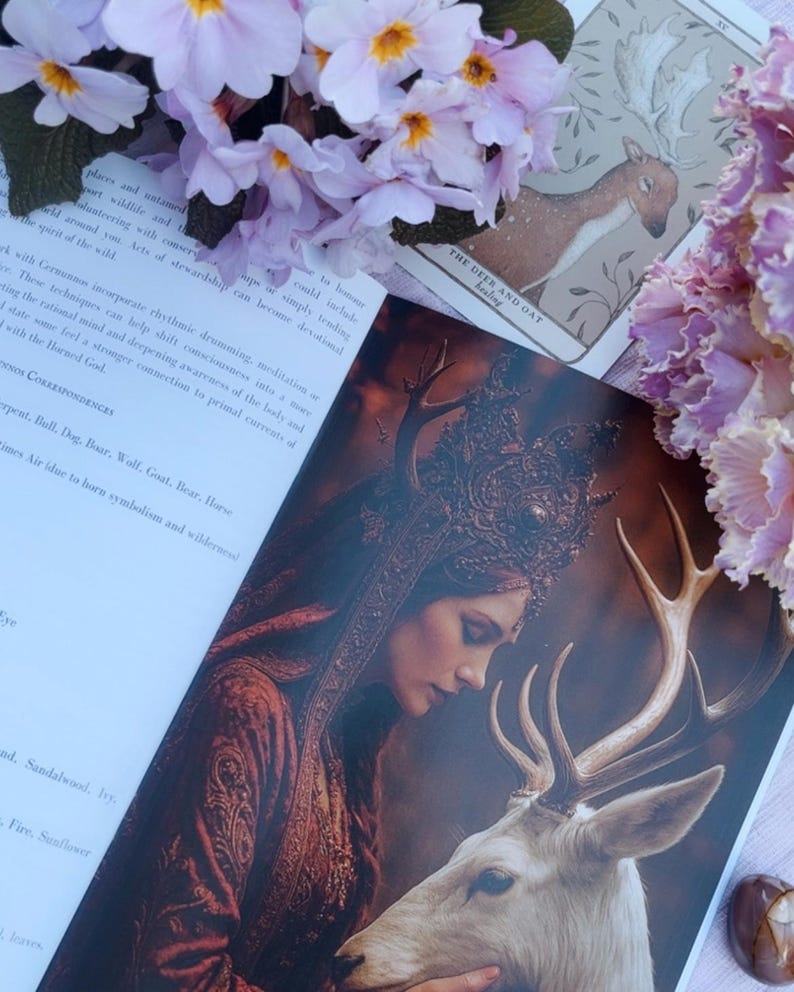 May include: An open book with a detailed illustration of a woman with a deer. The woman is wearing a crown and a red dress. A tarot card with a deer illustration is visible. Pink flowers are in the background.