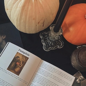 May include: A still life featuring a white pumpkin, a lit black candle in a glass holder, and an open book with the title "Pumpkin." The book displays illustrations and text. A small orange pumpkin and a vintage photo are also present.