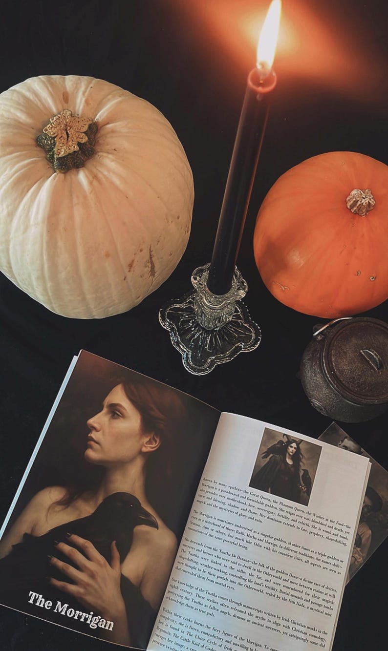 May include: A still-life arrangement featuring a white pumpkin, an orange pumpkin, a lit black candle in a glass holder, and an open book titled "The Morrigan." The book displays an illustration of a woman with a raven.