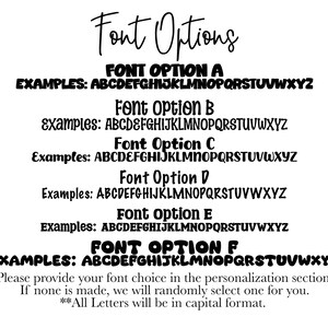 May include: A white background displays text showcasing font options. The title "Font Options" is in a handwritten style. Six font styles are presented, each with an example of the alphabet. Instructions are provided to select a font or have one randomly chosen.