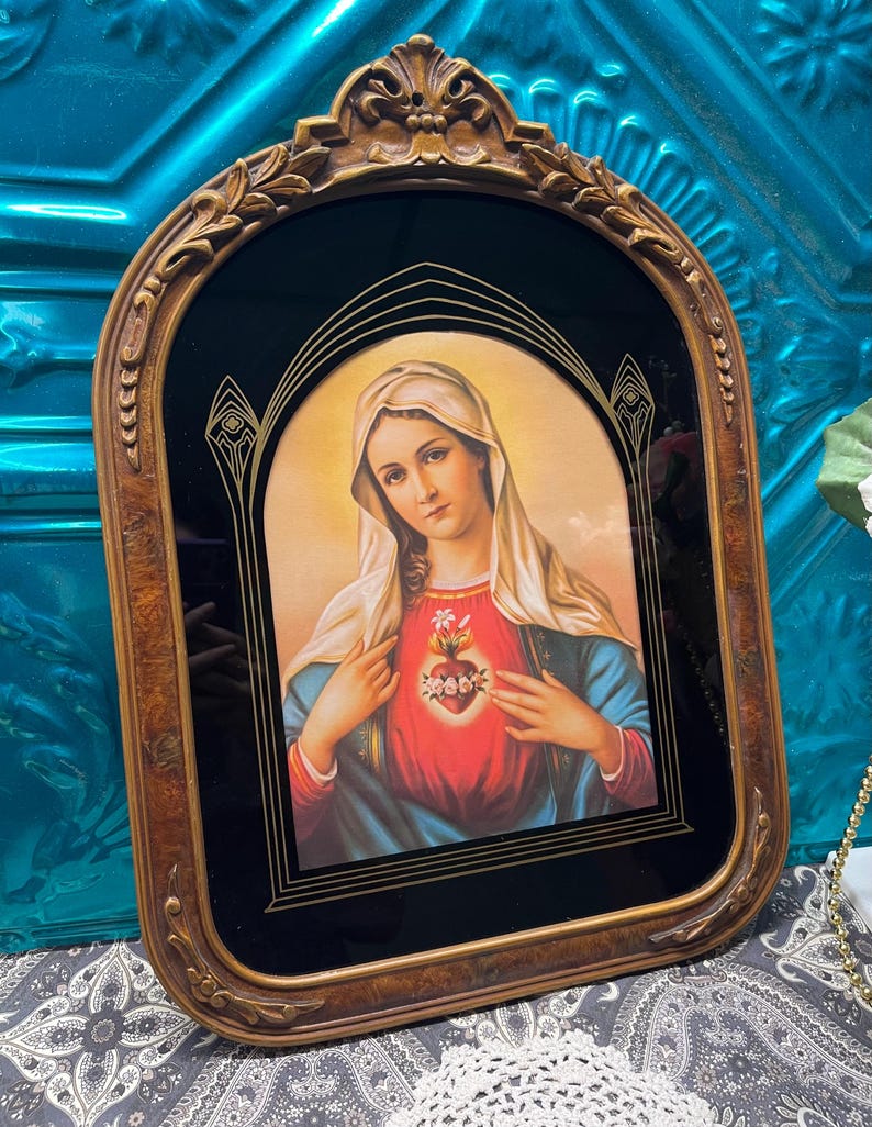 Antique Ornate Wood Framed Immaculate Heart of Mary With Reversed ...