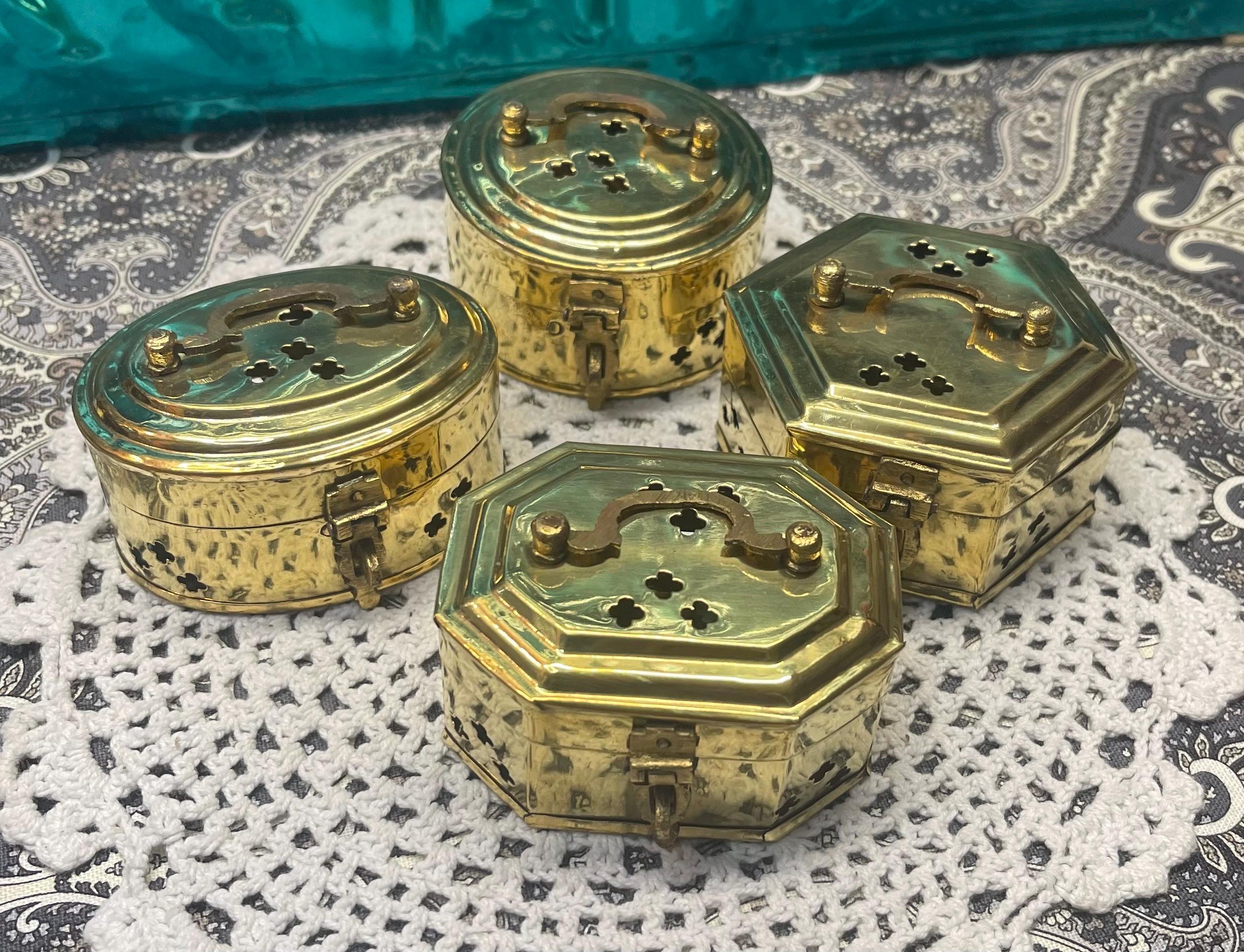 Vintage Set of 4 Small Hinged Lid Perforated Brass Box - Trinket