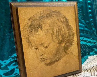 Vintage wood plaque with picture of little boy