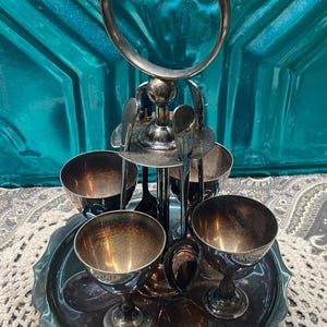 Antique silver plated egg cups cruet set with spoons - patina