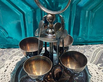 Antique silver plated egg cups cruet set with spoons - patina