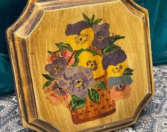 Vintage small coated painted wood plaque painted flowers- pansies - aged