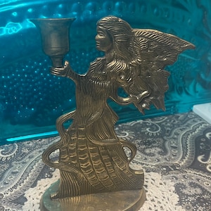 Vintage brass angel candlestick holder- aged