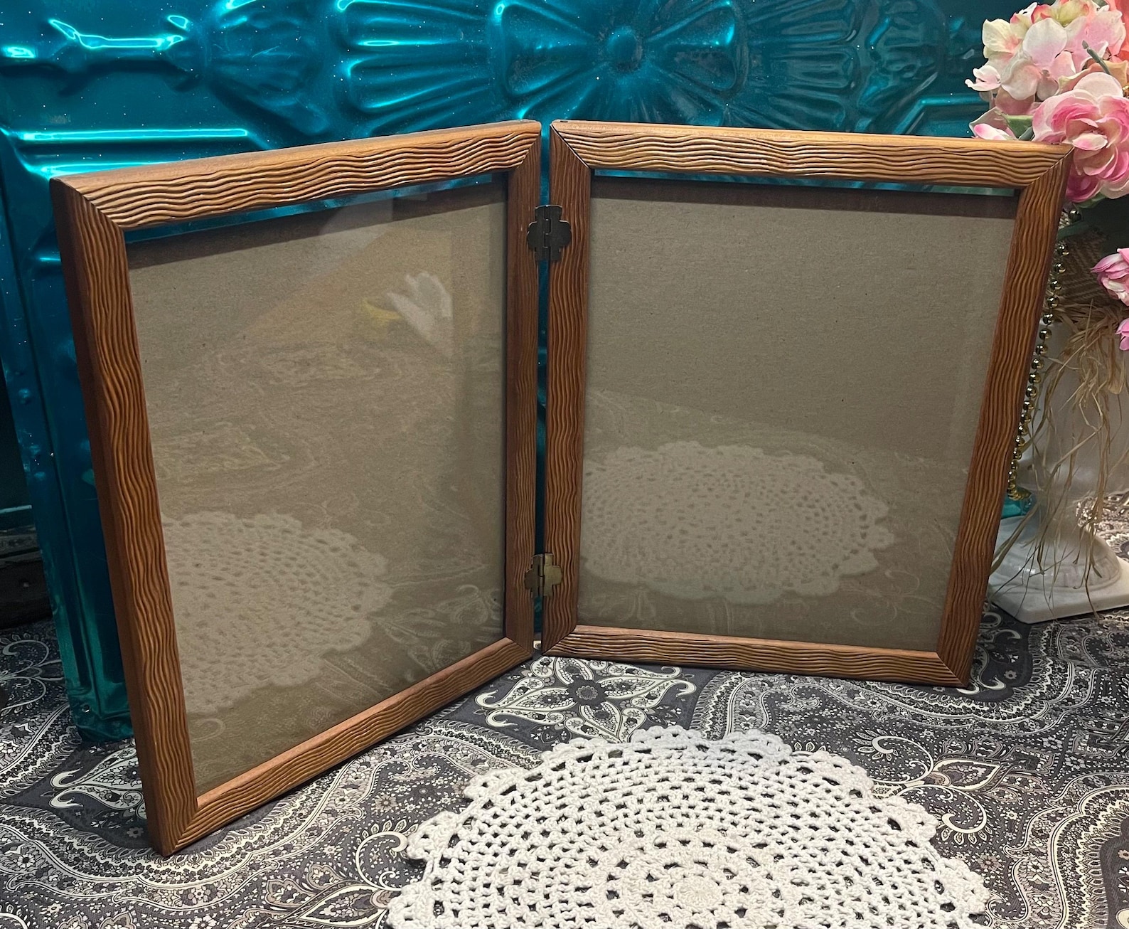 Vintage Wood Standing Hinged Double Slide in Frame With Glass - Photo ...