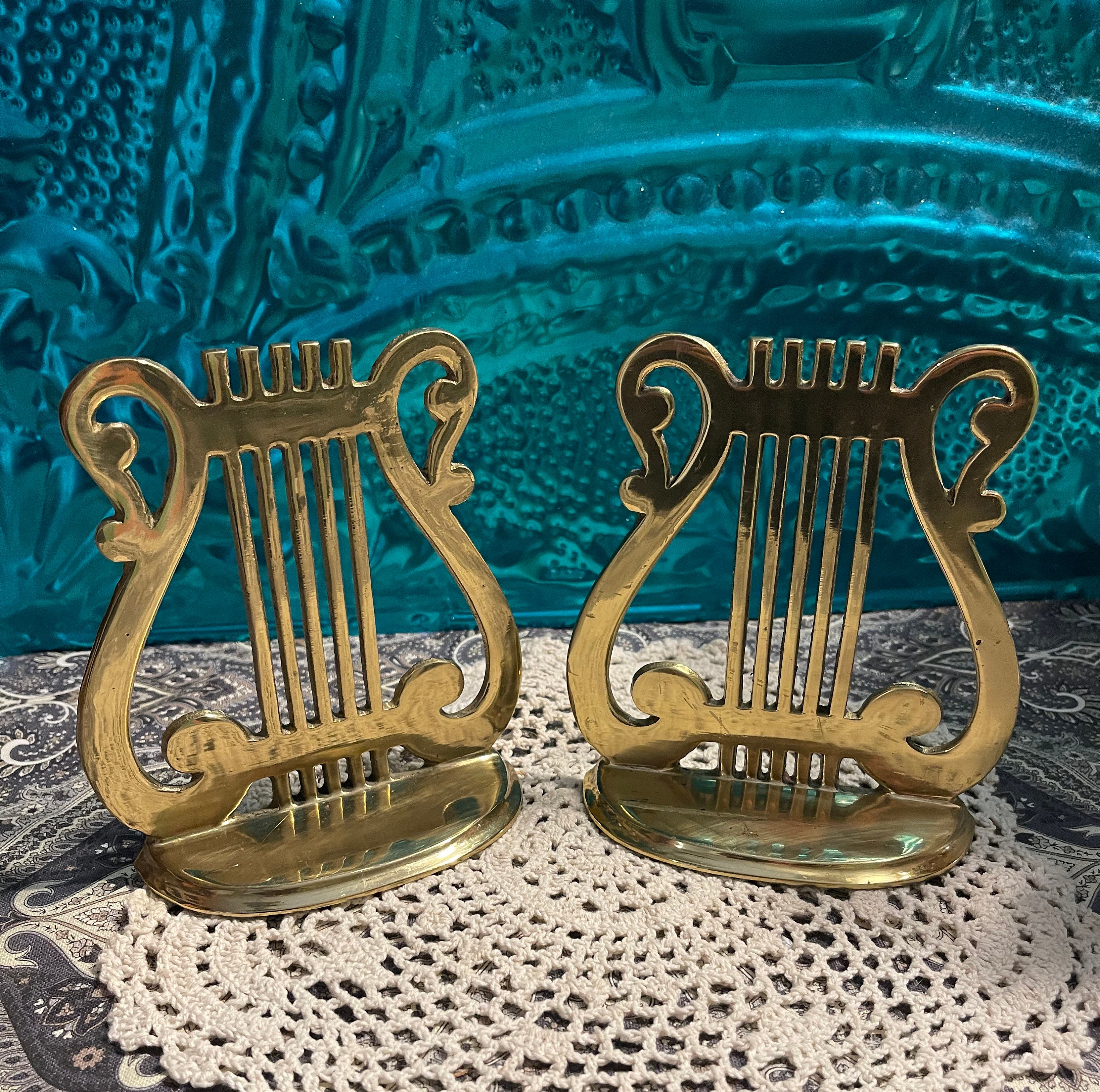 Vintage brass Harp bookends- aged