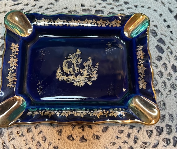 Vintage Small Rectangle Porcelain Ashtray-made in France - Gilded