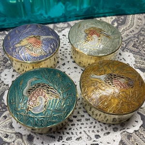 Vintage set of 4 small brass boxes with enameled lid - duck design