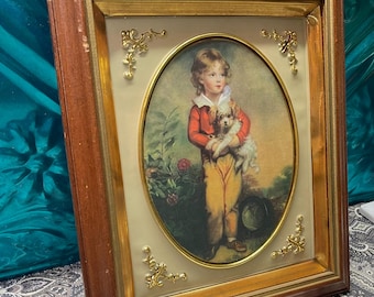 Vintage wood frame shadow box style with print of boy and dog - ornate details- aged frame