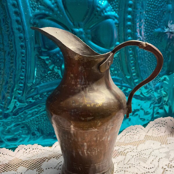Vintage or antique heavy metal pitcher - possibly copper- water vessel - vase - decor- aged