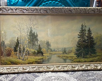 vintage large textured German landscape print in ornate wood frame - 33x17 inches - aged