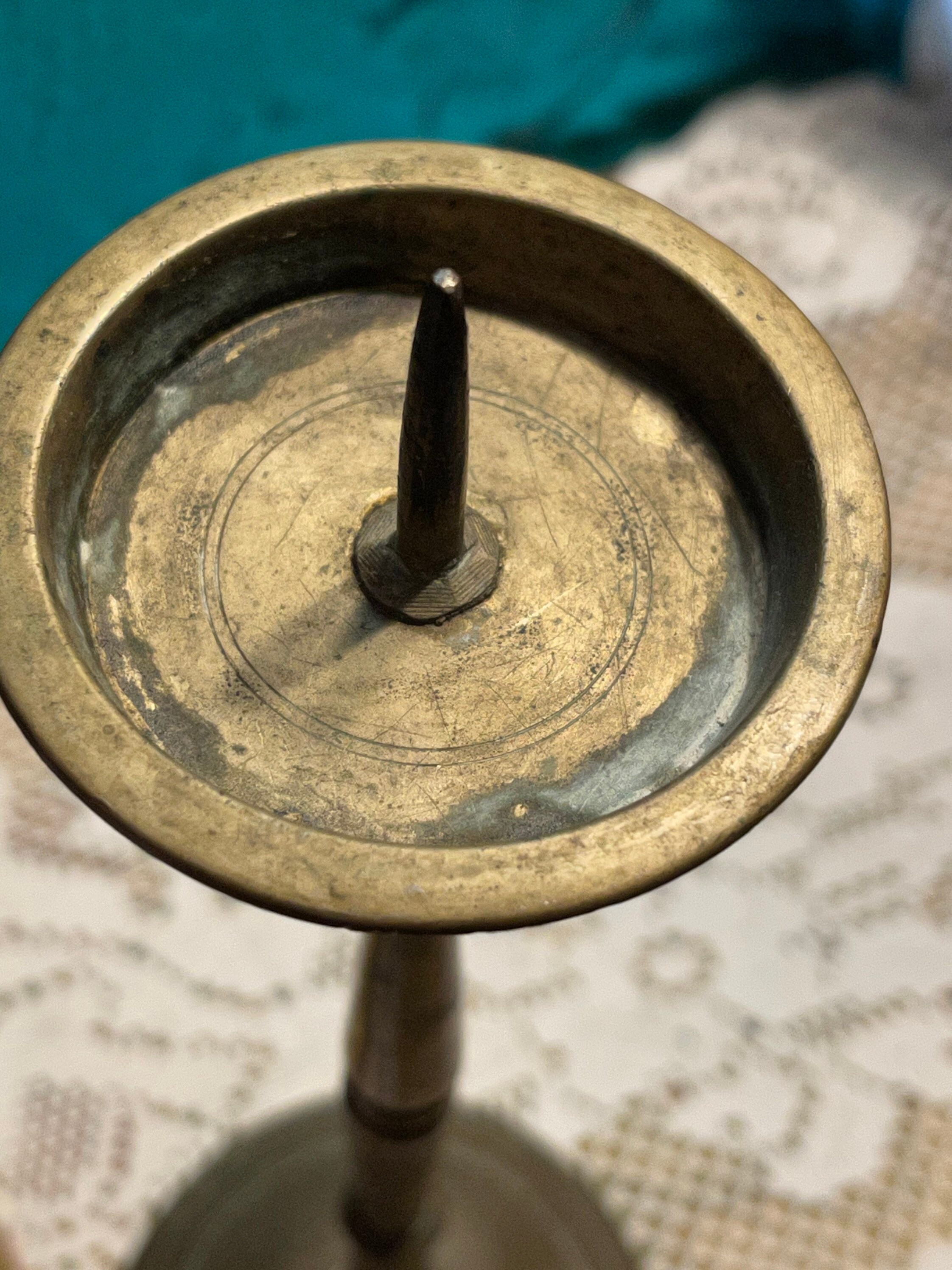 heavy patina tarnished Vintage rustic brass candlesticks showing their