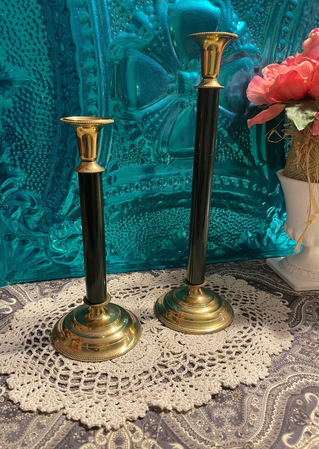 Vintage Brass and Green Metal Candlesticks Set of 2 Aged Etsy