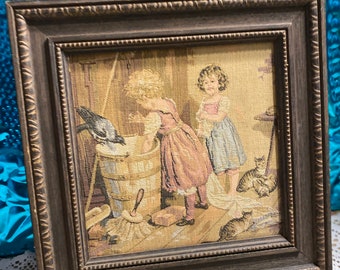 Vintage wood framed tapestry style picture- ornate frame- children - cats - aged frame
