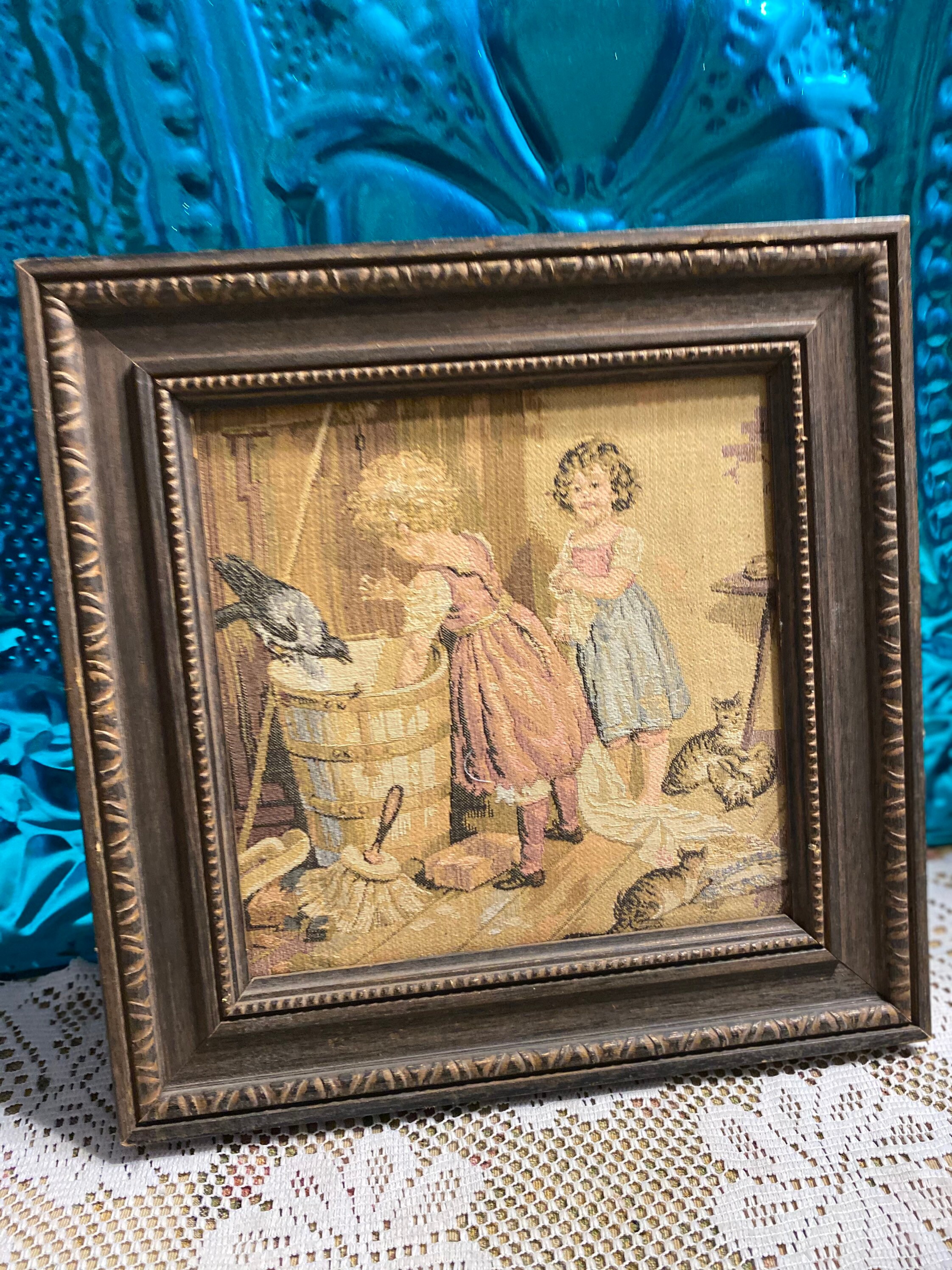 Vintage wood framed tapestry ornate frame children cats Etsy