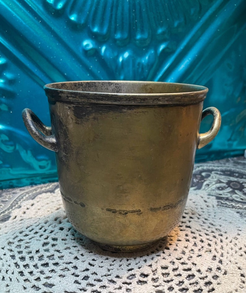 Antique or vintage brass and silver tone epn plated pot planter aged image 1