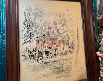 Vintage large wood framed  lithograph print of building in Virginia- aged frame