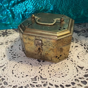 Vintage hinged lid perforated brass box - trinket box - keepsake box- potpourri box - incense box - aged