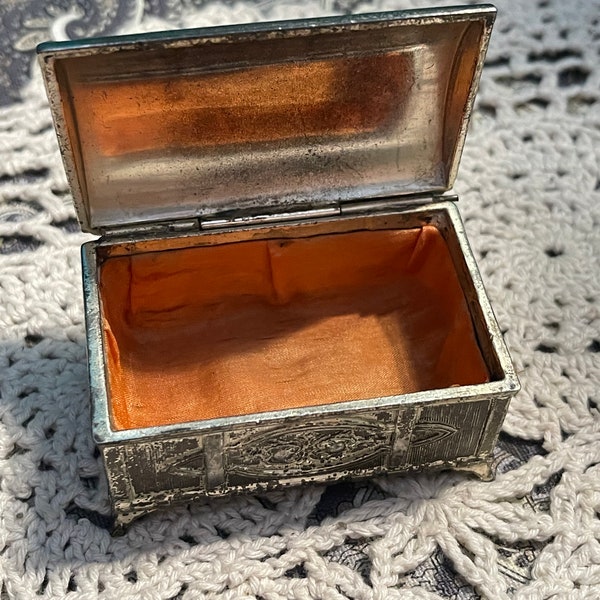 Vintage tiny silver tone or plated ornate chest trinket box- ring box - clearly showing its age- Japan