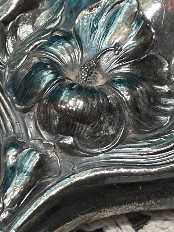 Antique Silver Plated Art Nouveau Hand Mirror- Floral Embossed