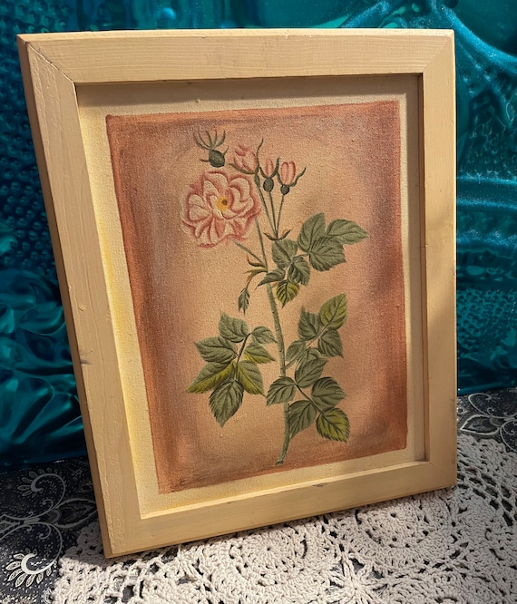 Vintage lightweight wood framed flower print on canvas no Glass - aged