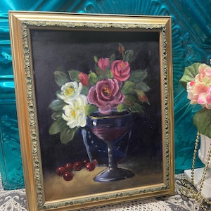 Vintage original flower - still life painting on canvas in aged frame