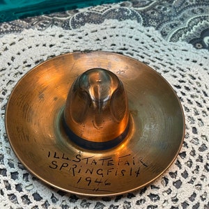 Vintage 1946 Copper Hat Shaped Ashtray With Writing on It