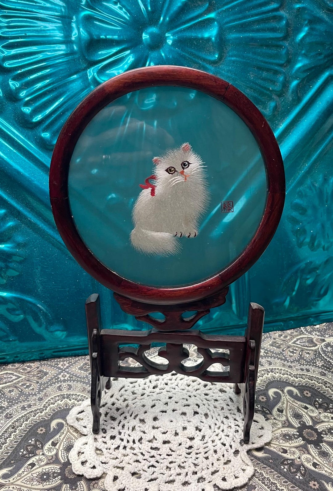 Vintage Chinese Silk Embroidery Cat Between Glass in Wood Frame on ...