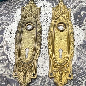 May include: Two matching elongated brass door plates featuring intricate embossed scrollwork, floral motifs, and ribbon details. Each plate includes a circular opening at the top for a door knob and a keyhole opening at the bottom for a lock.