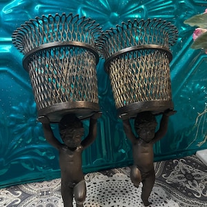 Antique or vintage metal cherub wall sconces - set of 2