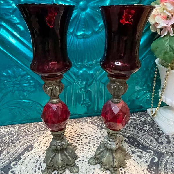 Vintage ornate metal candle holders with red votive glasses - set of 2 - aged