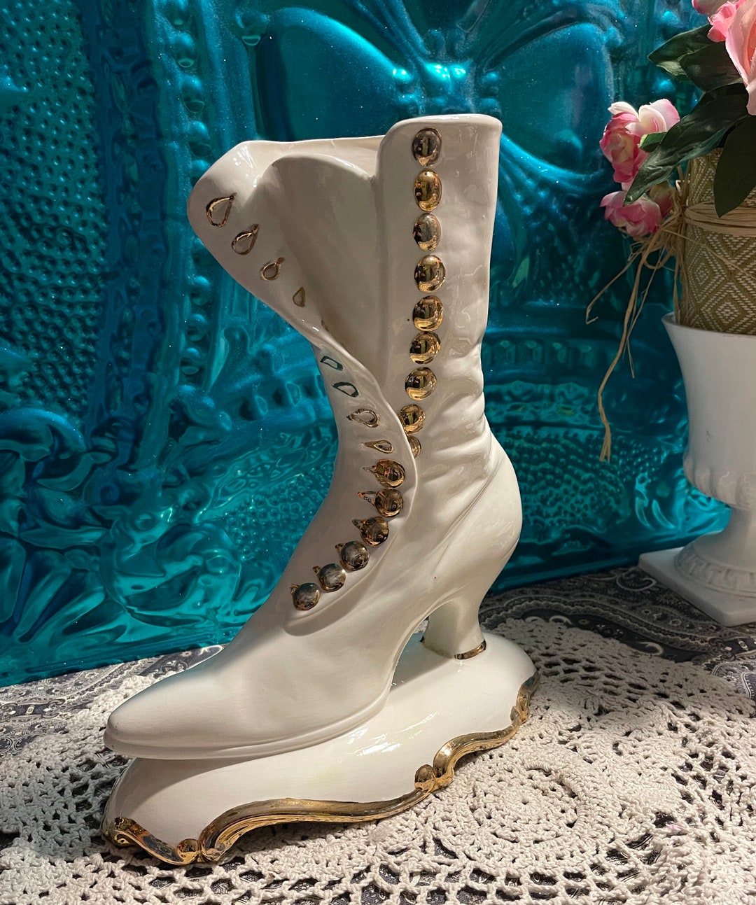 Vintage Victorian Ceramic Boot Vase on Base With Gilded Details Etsy