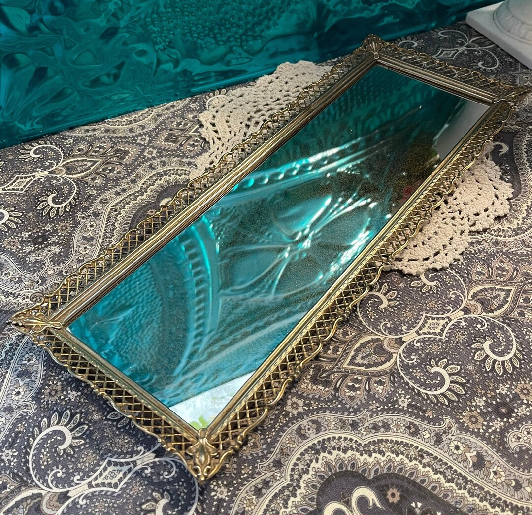 Vintage Long Narrow Mirrored Ornate Filigree Metal Vanity Tray Etsy