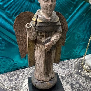 Antique wood carved Saint- St Vincent - santos religious statue with metal wings - no hand - aged - wear- cracks