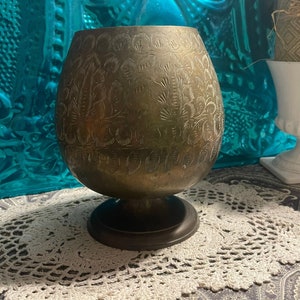Vintage heavy etched brass goblet chalice shaped - planter- altar decor