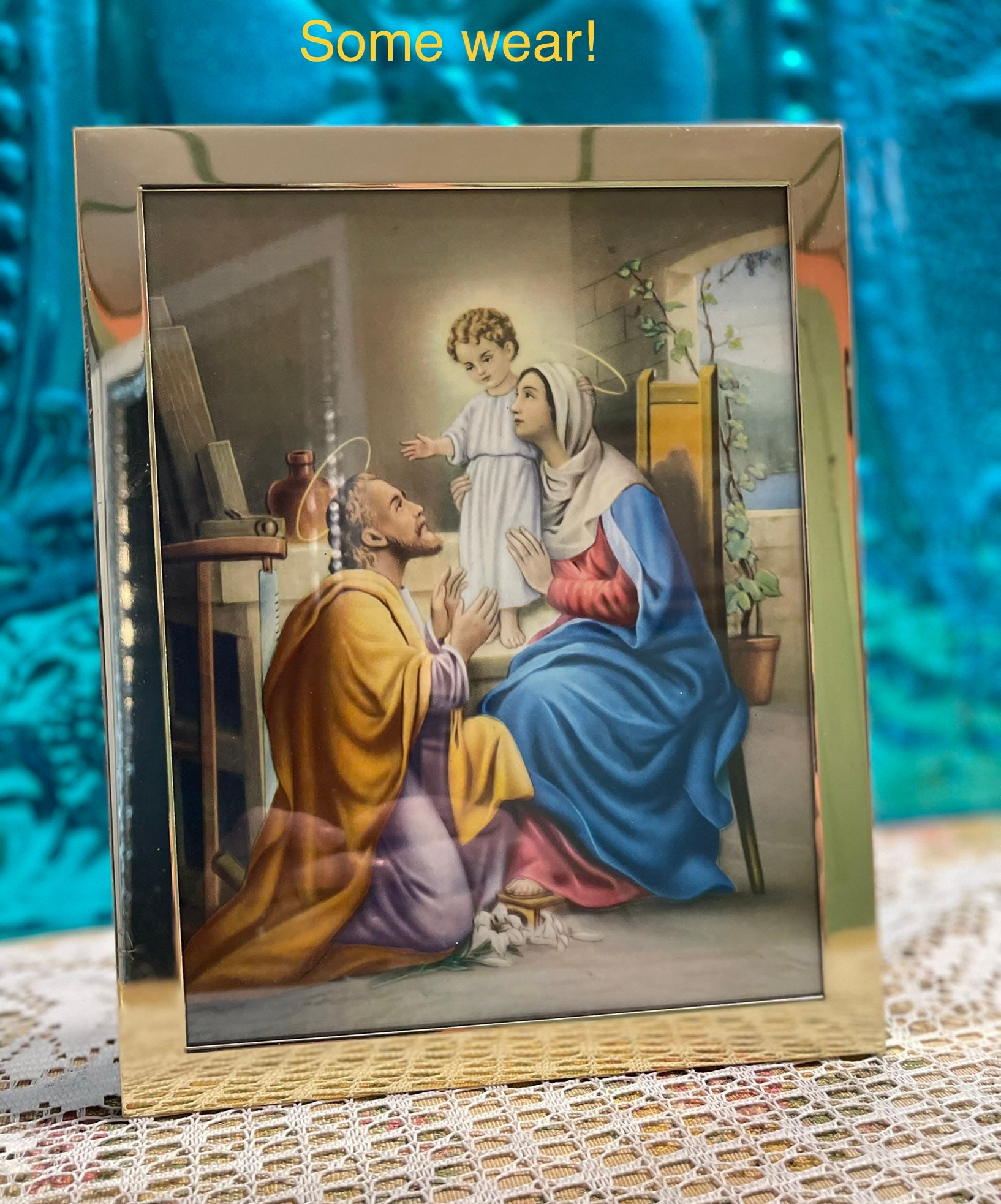 Picture frame Holy Family double laminated silver rhinestones 6x4 in