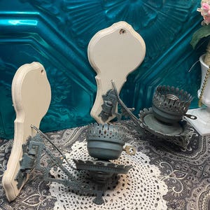Antique or vintage ornate metal Victorian style wall sconces with wall brackets- set of 2- removable wood piece- rewiring project - aged