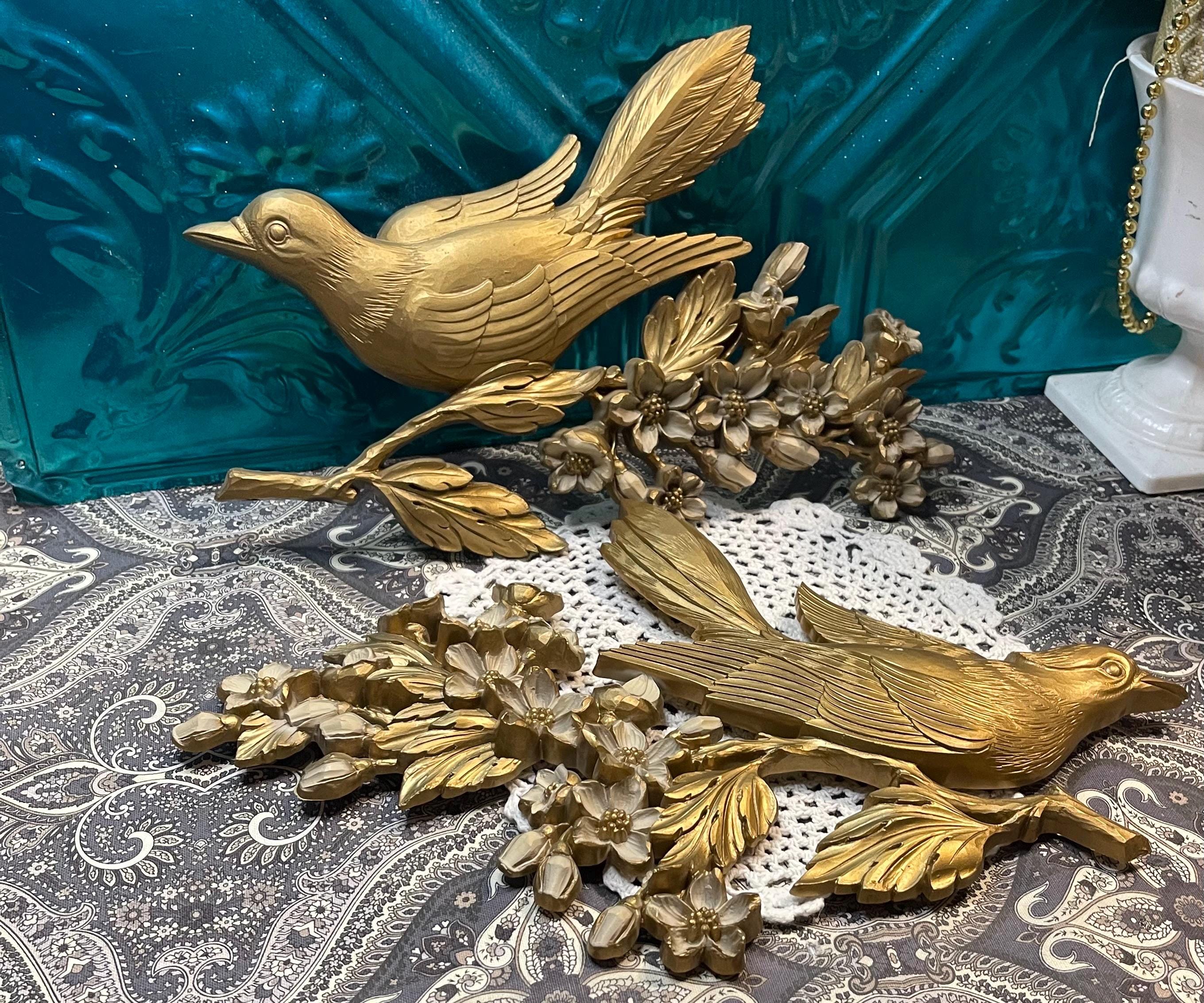 Vintage Gold and Cream Plastic Birds and Dogwood Branches Wall