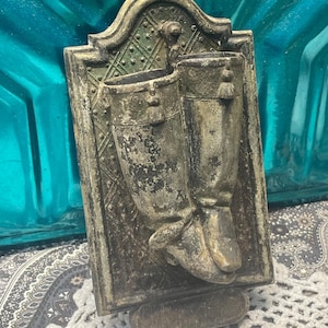 Antique Victorian boots heavy metal match holder - wall match storage - aged