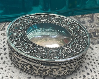 Vintage ornate monogrammed silver plated jewelry box - trinket box  - velvet lining