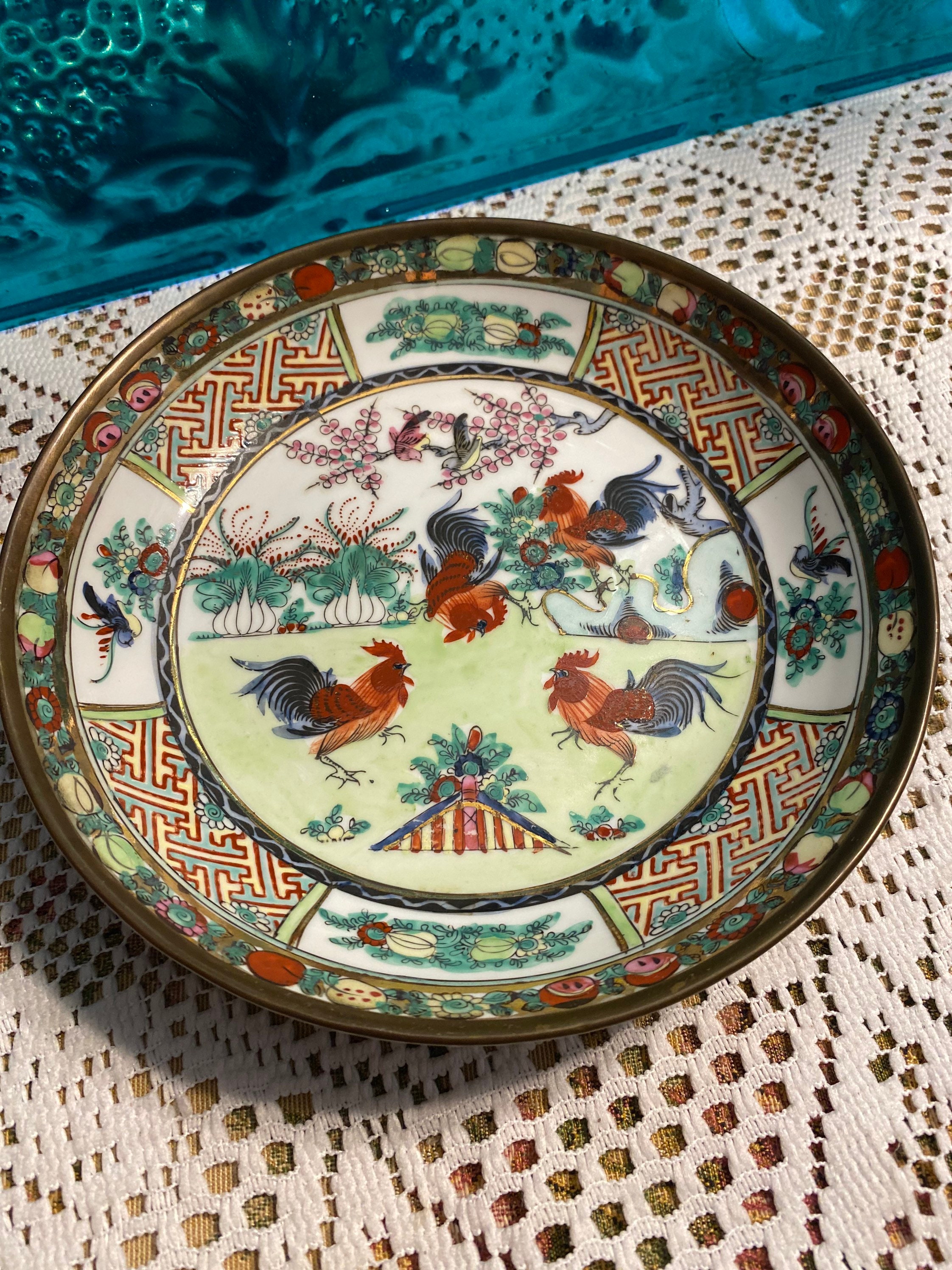 Vintage Japanese porcelain rooster bowl in metal base Etsy